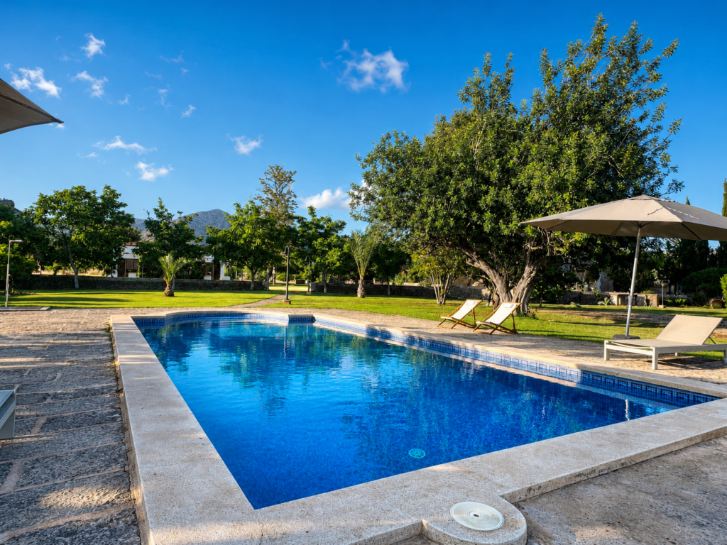Piscina privada exterior rodeada de amplios jardines, árboles y zonas de descanso en una finca de Mallorca.