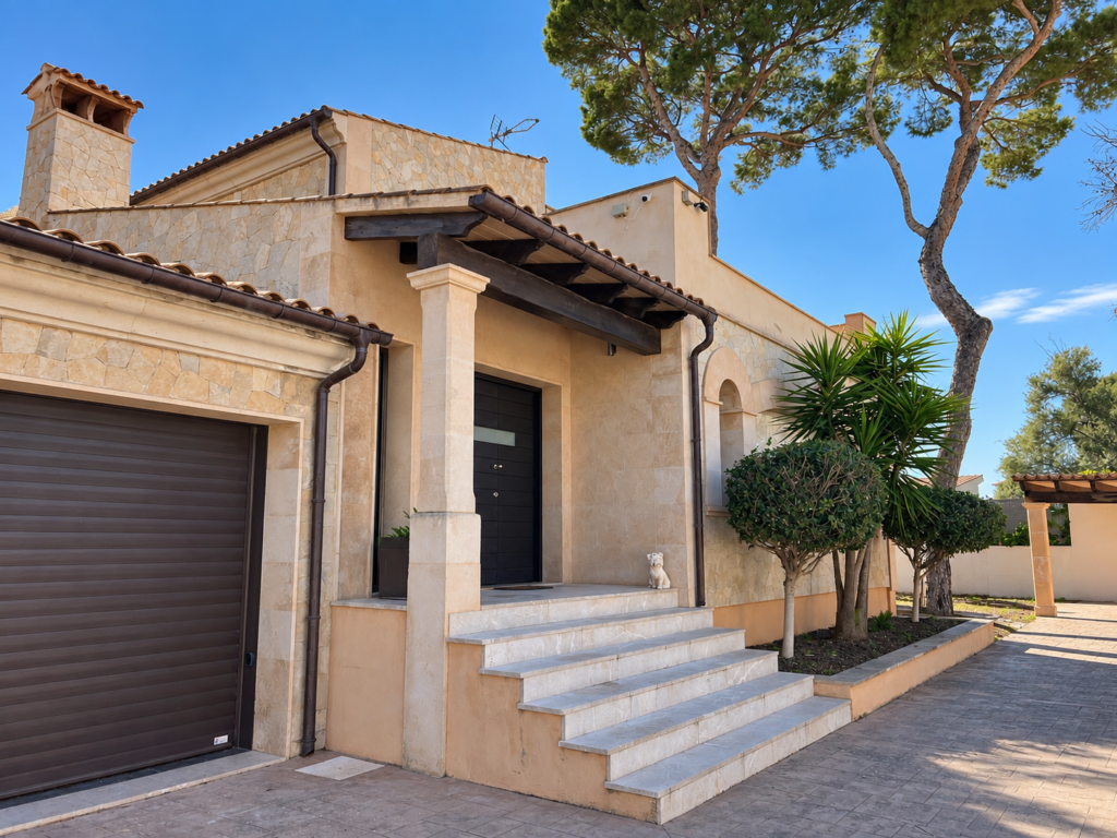 Fachada exterior de Villa Bonita, una villa vacacional en Torrenova, Calvià, cerca de Magaluf y Palmanova, en el suroeste de Mallorca.