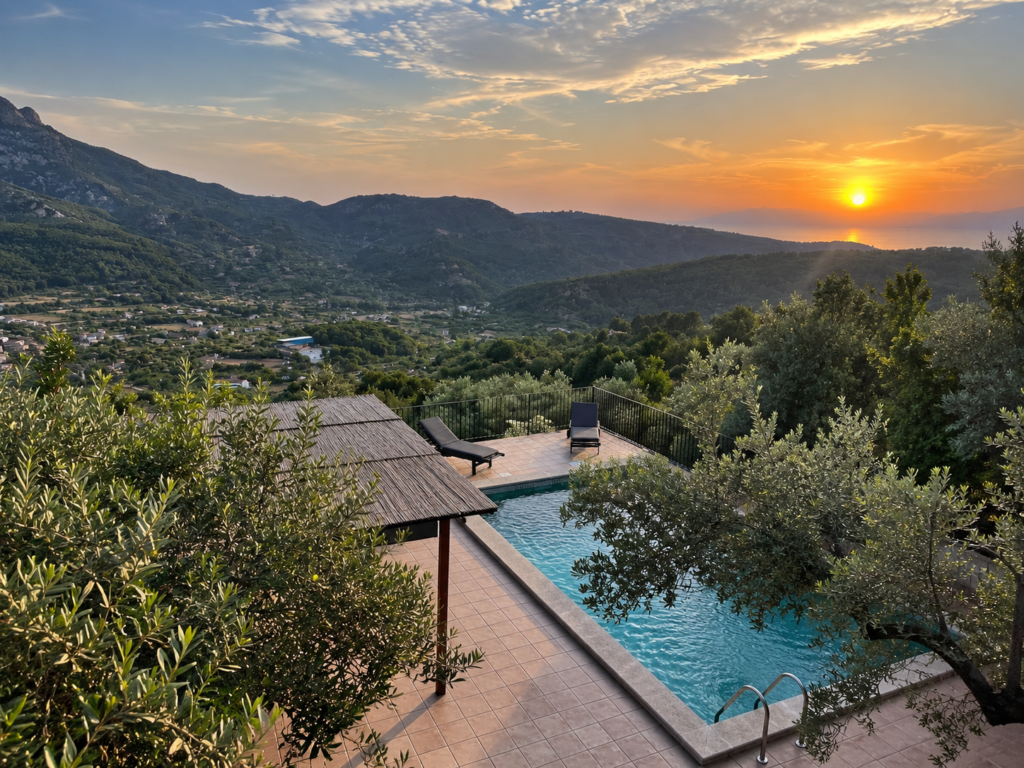 Piscina privada rodeada de olivos con vistas al valle de Sóller, la Serra de Tramuntana y el mar al atardecer en Mallorca.