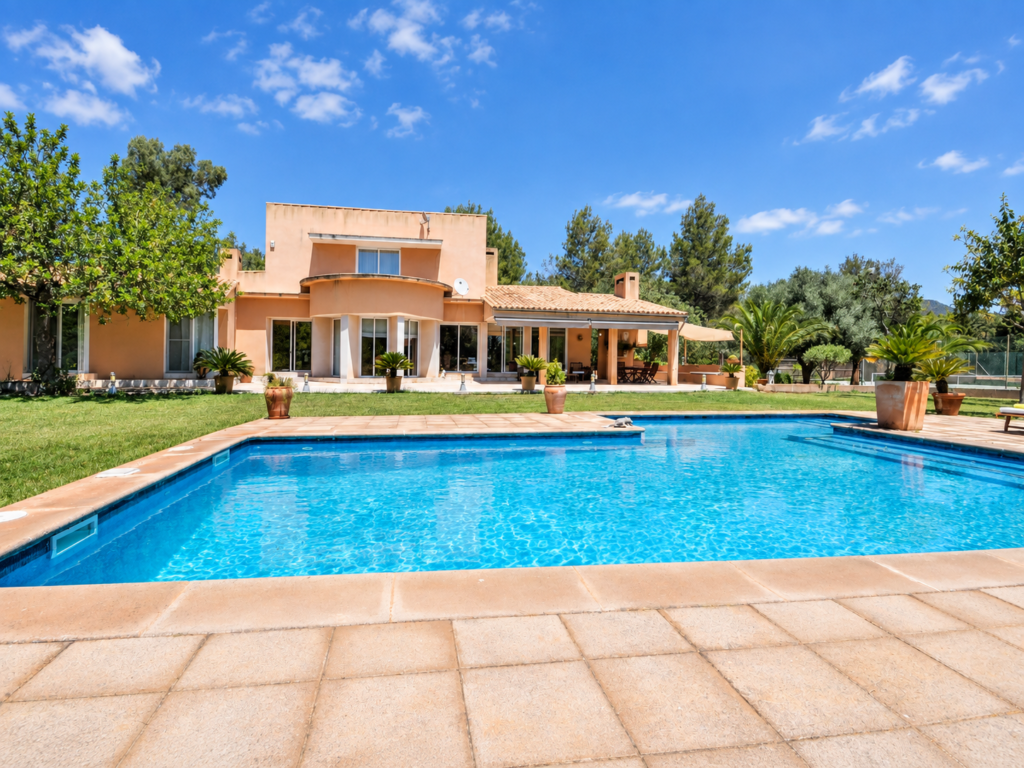 Piscina privada con solárium frente a una casa vacacional rodeada de naturaleza en Bunyola, Mallorca.