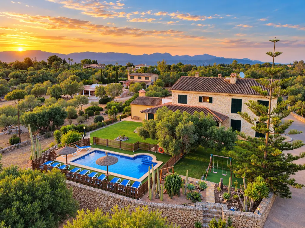 Vista aérea de Ca’n Valero con piscina privada, jardín y amplias vistas a la naturaleza y las montañas cerca de Palma de Mallorca.