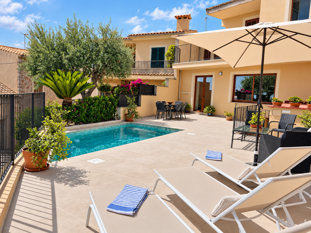Piscina privada con hamacas y zona exterior en una casa vacacional tradicional de Campanet, Mallorca.