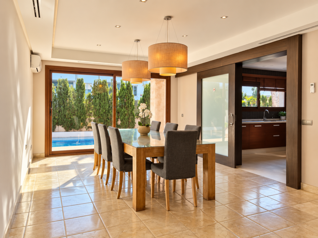 Comedor amplio y luminoso de Villa Bonita con capacidad para grupos y acceso visual a la zona exterior y piscina privada.