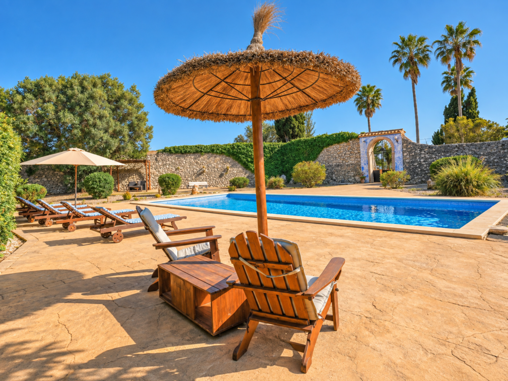 Zona exterior con piscina privada, tumbonas y sombrilla de estilo mediterráneo en una casa vacacional en Mallorca.