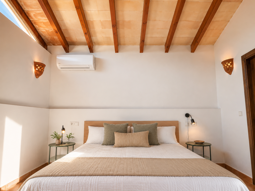 Dormitorio doble luminoso con techo alto, vigas de madera vistas y decoración en tonos naturales de estilo mediterráneo.