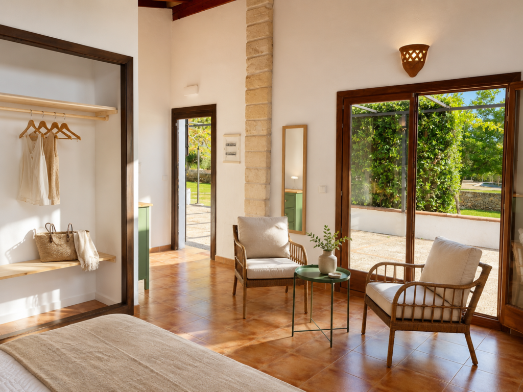Dormitorio luminoso de estilo mediterráneo con zona de descanso, armario abierto y grandes puertas de madera con acceso al jardín.