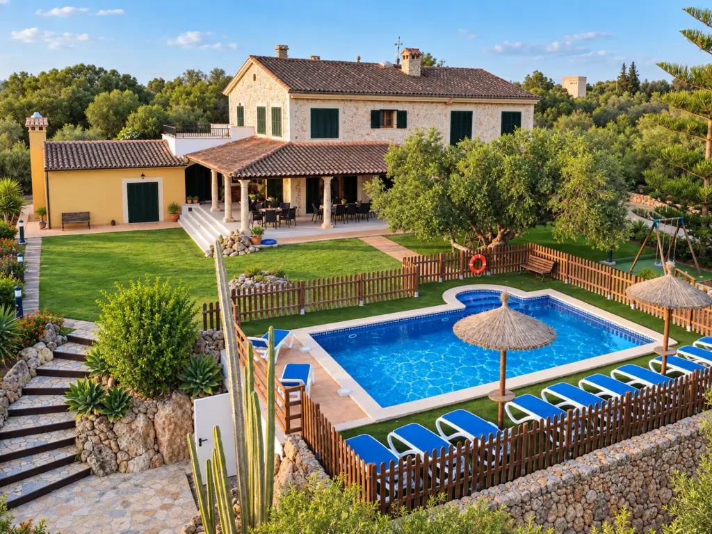 Piscina privada con tumbonas y fachada de Ca’n Valero, una amplia finca vacacional para 12 personas en Mallorca.