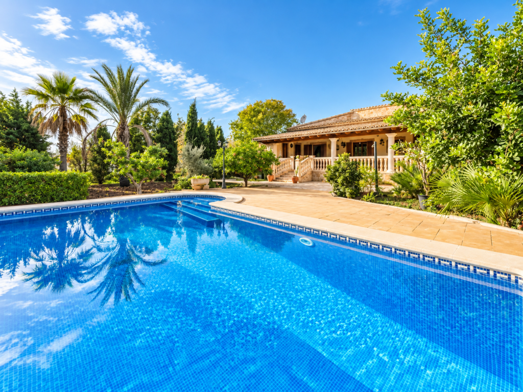 Piscina privada rodeada de palmeras y vegetación junto a una villa vacacional en Lloseta, cerca de la Serra de Tramuntana.
