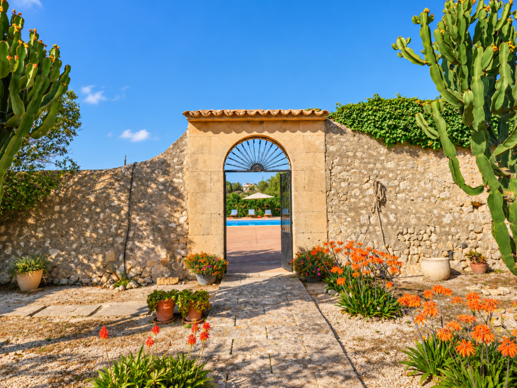 Entrada de piedra tradicional con arco y plantas mediterráneas en una finca rural de Mallorca, con acceso a la zona de piscina.