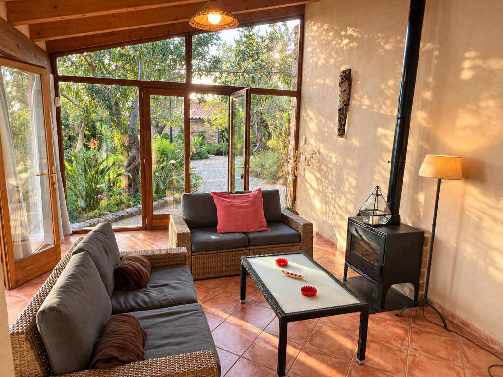 Salón acogedor con estufa de leña, grandes ventanales y acceso al jardín en una casa vacacional en Sóller, Mallorca.