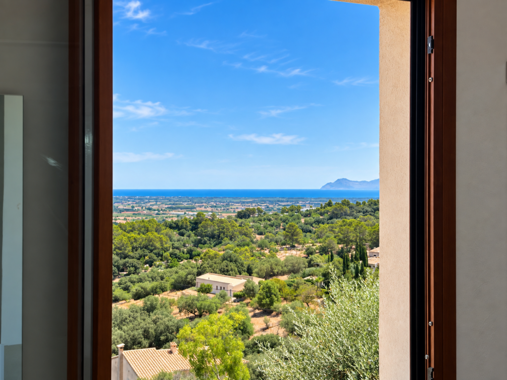 Vistas panorámicas al paisaje de Mallorca, con montaña y mar al fondo, desde una casa vacacional en Campanet.