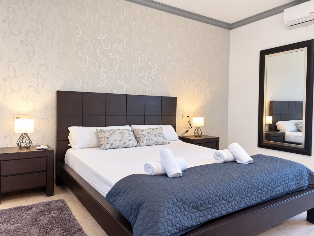 Habitación matrimonial luminosa con ropa de cama y toallas en una casa vacacional en Colònia de Sant Jordi, al sur de Mallorca.