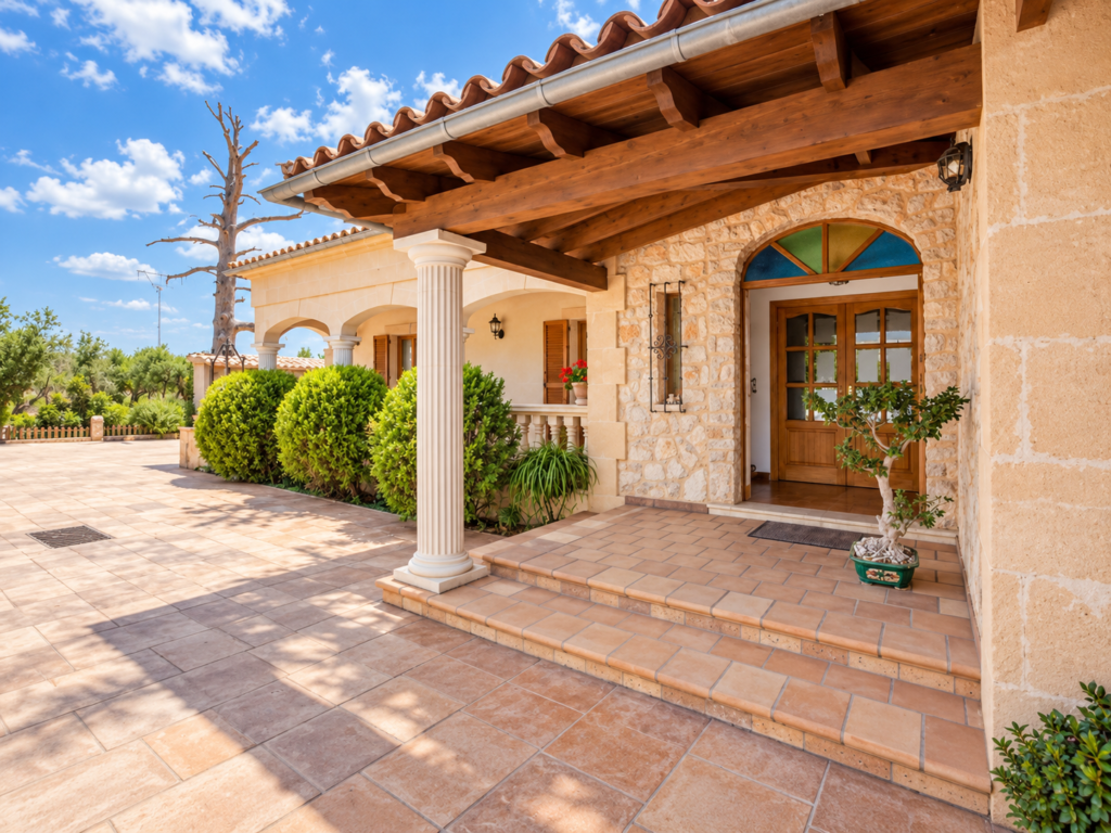 Entrada exterior de estilo mediterráneo de una villa vacacional en Lloseta, Mallorca, con porche y zonas ajardinadas.