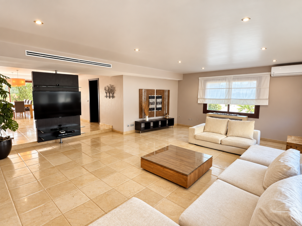 Salón amplio con sofás y televisión en Villa Bonita, villa vacacional con piscina privada cerca de Magaluf y Palmanova.
