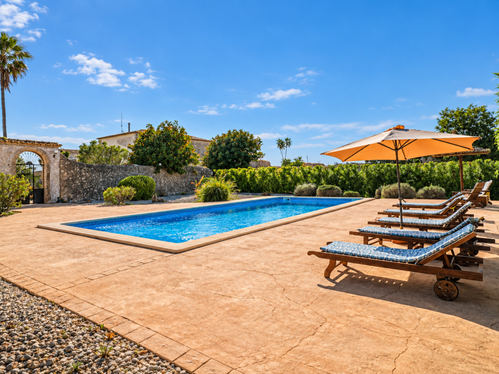Piscina privada con tumbonas y sombrilla en una finca vacacional en Mallorca, ideal para disfrutar del sol y la tranquilidad.