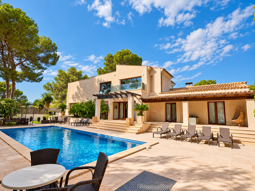 Vista exterior de Villa Bonita con piscina privada, solárium y terraza en Torrenova, cerca de Magaluf y Palmanova, Mallorca.