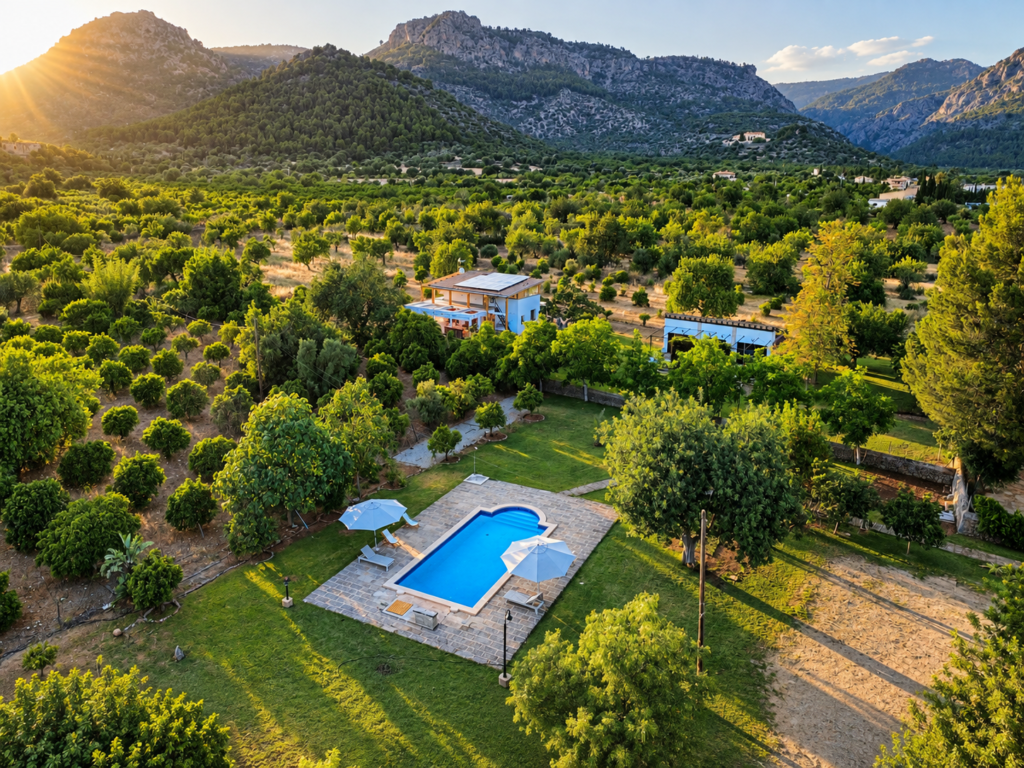 Vista aérea de una finca mallorquina con piscina privada, amplios jardines y entorno natural rodeado por las montañas de la Serra de Tramuntana.